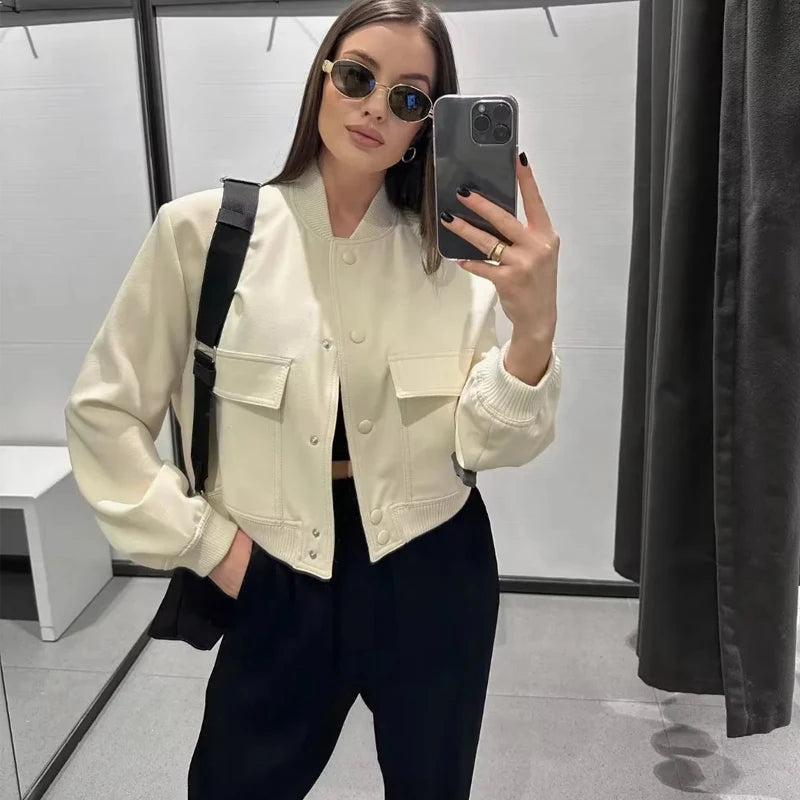 Jacket Coat White Autumn Winter Button Baseball Aviator Cropped Jackets for Women Long Sleeve Crop Outerwear