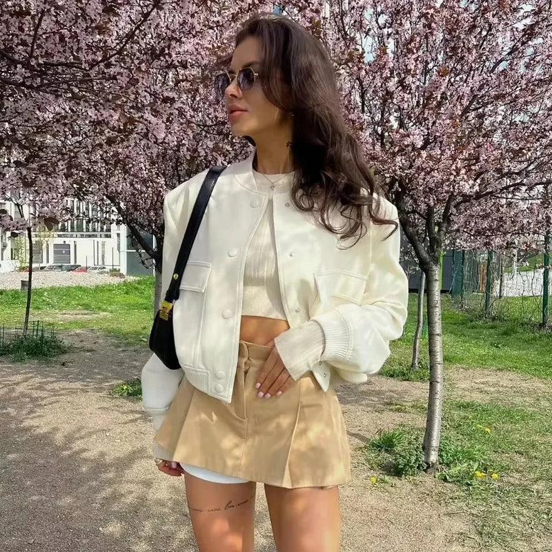 Jacket Coat White Autumn Winter Button Baseball Aviator Cropped Jackets for Women Long Sleeve Crop Outerwear